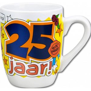 Verjaardag - Cartoon Mok - Hoera 25 jaar - In cadeauverpakking met gekleurd lint