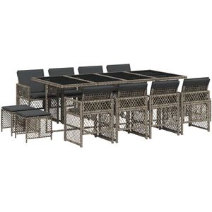 The Living Store 13-delige Tuinset met kussens poly rattan grijs - Tuinmeubles - Tuinset - Eetkamerset - Buiszitter - Lounge Set
