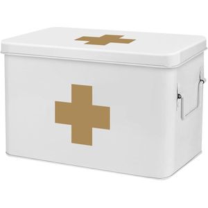 EHBO-medicijndoos organiser - Lege metalen opbergbak met afneembaar dienblad en gouden kruis