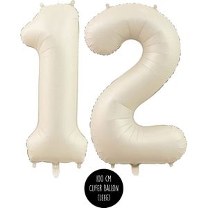 Cijfer Helium Folie ballon XL - 12 jaar cijfer - Creme - Satijn - Nude - 100 cm - leeftijd 12 jaar feestartikelen verjaardag