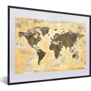 Fotolijst incl. Poster - Wereldkaart - Krant - Gouden - 60x40 cm - Posterlijst