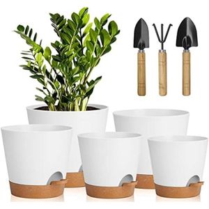 Ronde zelfbewaterende bloempotten set van 5, kunststof, met irrigatiesysteem en onderzetter, geschikt voor binnen, balkon en tuin - Wit/Bruin