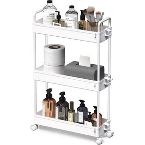 3-laagse opbergtrolley kar - Uitschuifbare slanke rollende boodschappenkar - Mobiele opslag rekken organizer voor keuken badkamer wasruimte slaapkamer - Wit kunststof keukentrolley