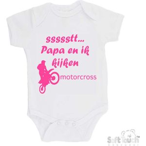 100% katoenen Romper ""ssssstt... Papa en ik kijken motorcross"" Meisjes Katoen Wit/roze Maat 62/68