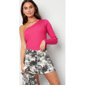 Warme one shoulder top - gebreid - fuchsia - dames - maat L/XL