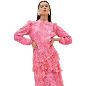 Trendyol Roze Gebloemde Rok Met Ruches En Voering Van Geweven Chiffon Tctss23Eb00160