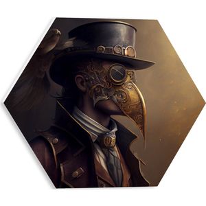 PVC Schuimplaat Hexagon - Zijaanzicht van Man met Zwarte Hoed en Goud Masker - 30x26.1 cm Foto op Hexagon (Met Ophangsysteem)