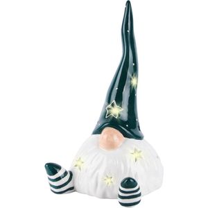 Dekoratief | Gnoom zittend, blauw/wit, keramiek, LED, 10x12x19cm | A225363