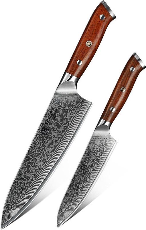 Xinzuo B13R Yu Series - 2-delige Keukenmessen-set - Damascus Staal - Rozenhouten Handgrepen