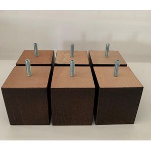 Set van 6 stuks houten meubelpoten Wengé (donker bruin) beuken 8 cm hoogte 5x5 cm M8 draadeinde Boxspring bedden banken