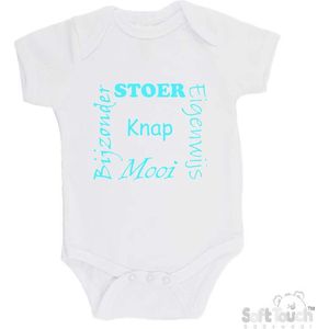 100% katoenen Romper ""Stoer Eigenwijs Mooi Bijzonder Knap"" Unisex Katoen Wit/aquablauw Maat 68/74