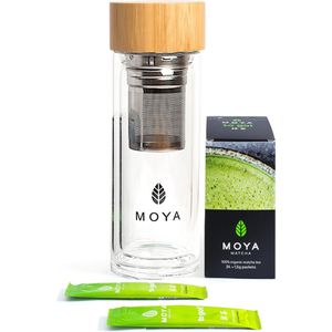 MOYA Matcha Traditional TO GO Set! | 24 Portie Verpakkingen met 1,5g Matcha Traditional Grade en een Dubbelwandige Glazen Meeneem Fles om Thee te zetten