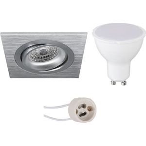 LED Spot Set - Pragmi Borny Pro - GU10 Fitting - Inbouw Vierkant - Mat Zilver - 4W - Helder/Koud Wit 6400K - Kantelbaar - 92mm