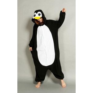 KIMU Onesie Zwarte Pinguin Pak - Maat M-L - Pinguinpak Kostuum Zwart Wit Vogel 170 176 - Zacht Fleece Huispak Jumpsuit Pyjama Dames Heren Festival