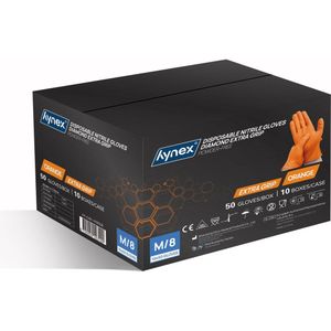 Hynex nitril wegwerphandschoenen Diamond Extra Grip Oranje maat M omdoos 500stuks 8,0gram 10x50/box