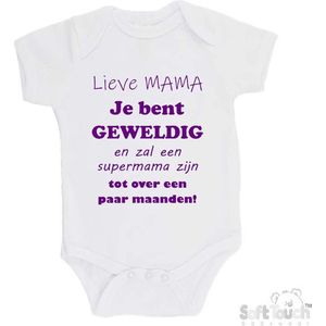 100% katoenen Romper ""Lieve MAMA je bent geweldig en zal een supermama zijn. Tot over een paar maanden!"" Meisjes Katoen Wit/paars Maat 62/68