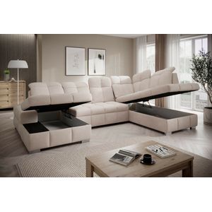 hoekbank prestige U links- beige- dubbele opbergruimte- bedfunctie- hoeksalon met dubbele opbergruimte en slaapfunctie- seatsandbeds