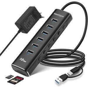 USB Hub 7 Poorten met Voeding - USB 3.2 Gen2 Alu Hub met 10 Gbps, SD/TF Kaartlezer en 100 cm Kabel voor PC en Laptop