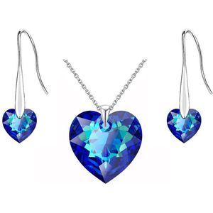 CHARO Swarovski Cadeau Voor Vrouw - 3 Delig - Zilver - Blauw - Ketting - Oorbellen