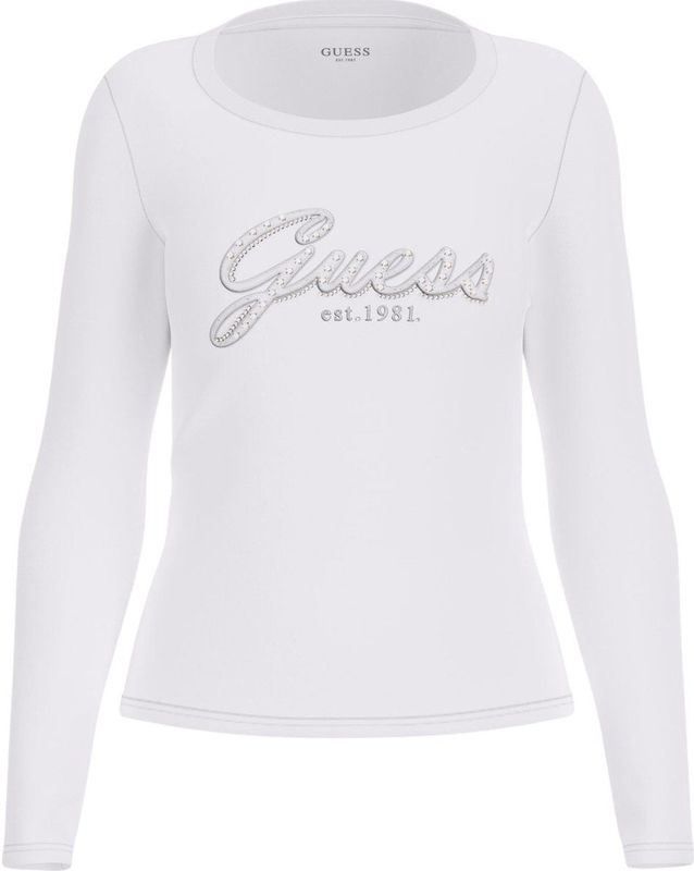 Printed Long Sleeve T-shirt with Rhinestone Detail Wo - White