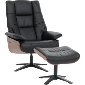 MCA relaxfauteuil + kruk MCW-N57, relaxfauteuil, hout echt leer ~ zwart