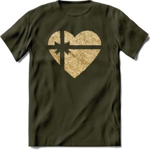 Valentijn Goud Hart T-Shirt | Grappig Valentijnsdag Cadeautje voor Hem en Haar | Dames - Heren - Unisex | Kleding Cadeau | - Leger Groen - L