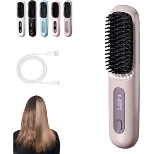 1 draadloze stijlborstel: draadloze mini-stijlborstel, oplaadbaar via USB, 3 temperatuurstanden, met LED-scherm, voor onderweg, voor op reis en pluisvrije styling (Paars)