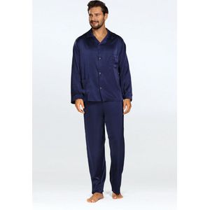 Elegante satijnen herenpyjama -Satijn pyjama heren met knoopsluiting - Lange Mouw Lange Broek pyjama - DKaren Noah - marineblauw L