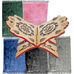 IBBO Shop - Houten Koran Standaard - Islamitische Lectuurhouder - Gegraveerd Ontwerp - Opvouwbaar + Gratis Gebedskleed