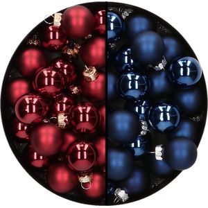 Mini kerstballen - 48x st - donkerblauw en donkerrood - 2,5 cm - glas - kerstversiering