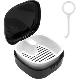 Dental Prosthesis Holder, Portable Bracket Box with Strainer, Plastic Retainer Cleaning Case, False Teeth Container, with Aligner Removal Tool -Black