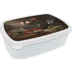 Broodtrommel Wit - Lunchbox - Brooddoos - Viool - Rozen - Roze - Bloemen - Stilleven - 18x12x6 cm - Volwassenen