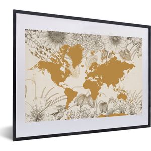 Fotolijst incl. Poster - Wereldkaart - Goud - Bloemen - 60x40 cm - Posterlijst