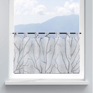 Vitrage keuken voile bistrogordijn met lussen transparant gordijn voor kleine ramen takken patroon H/B 45/90 cm wit grijs