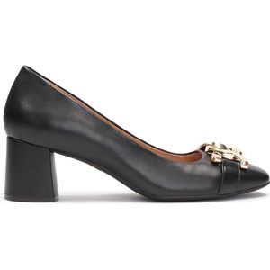 Black wide heel pumps embellished with chain links