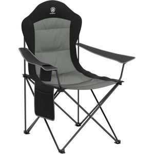 Vouwbare Campingstoel Oversized Gewatteerde Arm Inklapbaar Stalen Frame Hoge Rugstoel met Bekerhouder Zijtas Zware Ondersteuning 136kg (Z'wart-1) beach sling chair