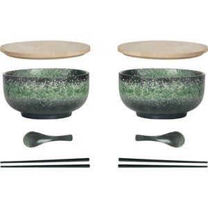 Keramieken Ramen Bowl Set - 8 Stuks inclusief Lepel en Eetstokjes - 1100 ML - Grote Soepkom voor Pho, Sushi en Meer - Groen - Set van 2 Schalen set