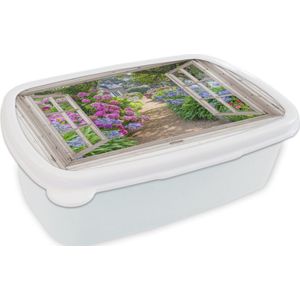Broodtrommel Wit - Lunchbox - Brooddoos - Hortensia - Doorkijk - Bloemen - Zomer - Paars - Pad - 18x12x6 cm - Volwassenen