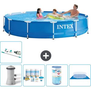 Intex Rond Frame Zwembad - 366 x 76 cm - Blauw - Inclusief Pomp Onderhoudspakket - Filter - Grondzeil - Stofzuiger - Solar Mat