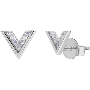Lucardi Dames Zilveren oorknoppen rhodiumplated V met zirkonia - Oorbellen - 925 Zilver - Zilverkleurig