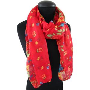 Rode sjaal met gekleurde bloemen - 50 x 155 cm