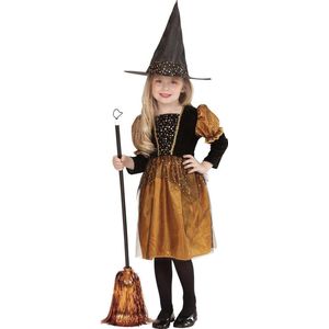 Widmann - Heks & Spider Lady & Voodoo & Duistere Religie Kostuum - Gouden Sterren Halloween Heks - Meisje - Zwart, Goud - Maat 116 - Halloween - Verkleedkleding