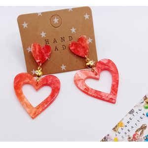 Jeannette-Creatief® - Resin - CoralRedOrange Lovely Hearts with Glitter Oorbellen - CoralRedOrange Oorbellen - Oorbellen - Dames Oorbellen - Glitter - Gekleurde Oorbellen - Oorbellen Hartjes - RVS Oorstekers