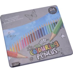 24x Kleurpotloden in metalen doos - Tekenpotloden in blik - Teken/knutsel/hobby materiaal - Potloden voor kinderen - Kleuren/tekenen