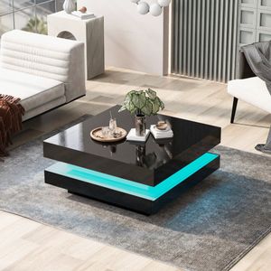 Vierkante salontafel in zwart - moderne technologische stijl met 16 kleuren LED-verlichting, 70x70x36 cm, max. belasting 3 kg