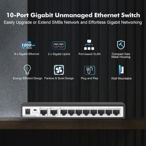 10-poorts Gigabit Ethernet Switch - 8x 100/1000 Mbps - Plug & Play Onbeheerd