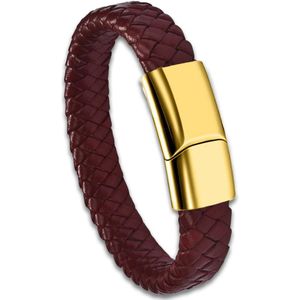 Victorious Handgevlochten Leren Armband Heren – Rood Bruin Leer – Rood/Bruin/Goud – 22cm