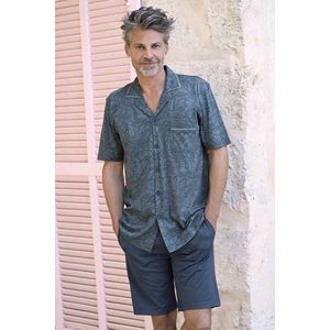 Heren doorknoopshortama bladeren antraciet - Grijs - Maat - 48