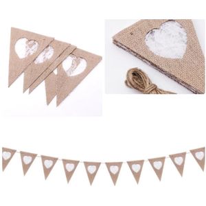 Jute & Kant Hartje / Hart Vlaggenlijn - Slinger – Vlag | Do it Yourself | Vintage - Mariage - Huwelijk - Geboorte - Feest - Verjaardag - Jubileum - Bruiloft - Babyshower - Event - Wedding - Birthday party - Tuin - Tuinfeest - Veranda - Decoratie