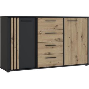 CARDIGAN dressoir 2 deuren, 4 laden - Ambachtelijk eiken en zwart decor - L142,6 x D34,2 x H82,3 cm - Zwart metalen handgrepen